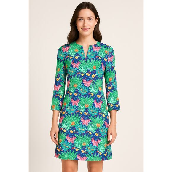 J.McLaughlin Womens XS Dress Blue Multi Tropical Butterfly Print Preppy - Picture 1 of 8